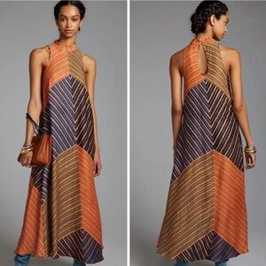 Anthropologie FARM RIO Geometric Halter‎ Maxi Dress Size XS Silky Earth Tones